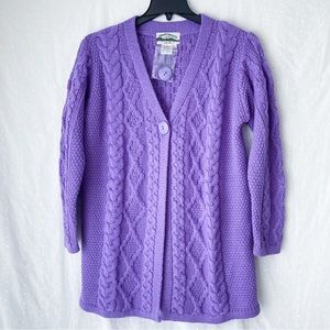 Aran Crafts 100% Merino Wool, Purple Cable Knit One Button Cardigan Sweater L
